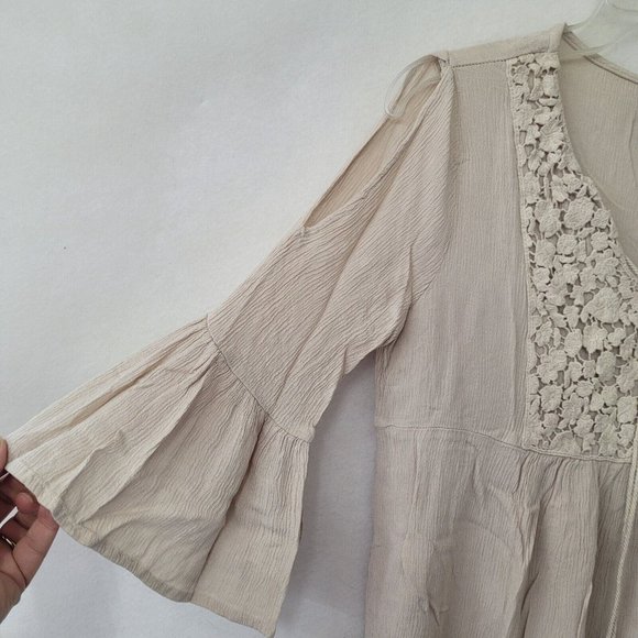 Bobeau Top Woens S Boho Lace 3/4 Bell Sleeve Peasant Blouse Beige Rayon Gauze - Picture 2 of 10
